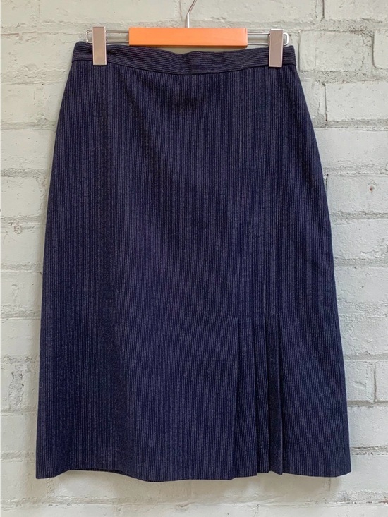 Vintage Dresses & Skirts - Navy Midi Pencil Skirt with Pleated Hem Detail and Pinstripes